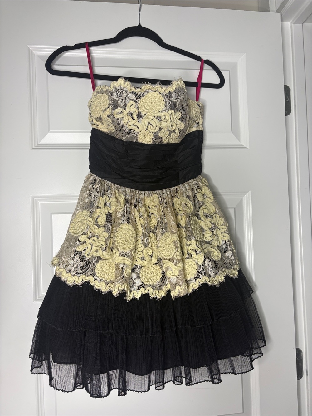 Girls Black and Cream Lace Party Dress with Pink Straps